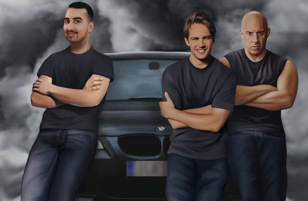 Auto koos omanikuga: kolm inimest musta BMW kõrval
